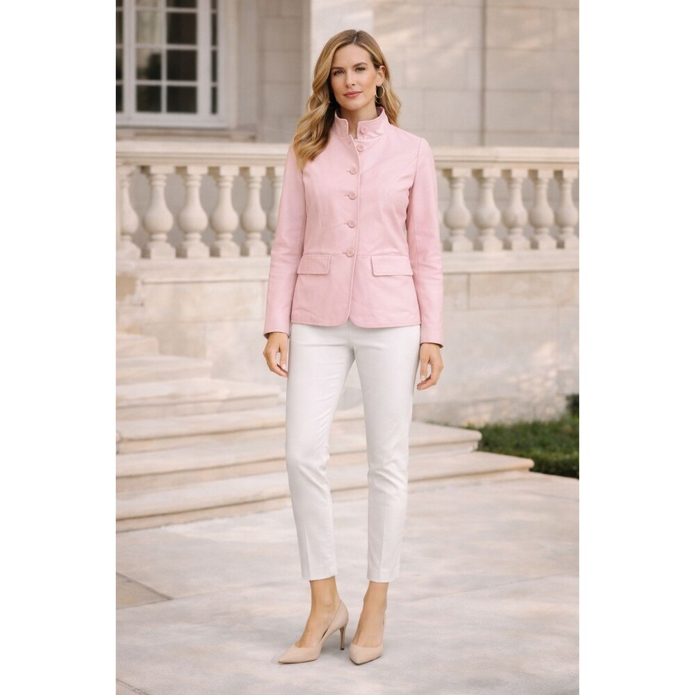 CHADWICKS Pink Jacket 100% LEATHER Women's 8 Peplum Button Front Fitted Chic